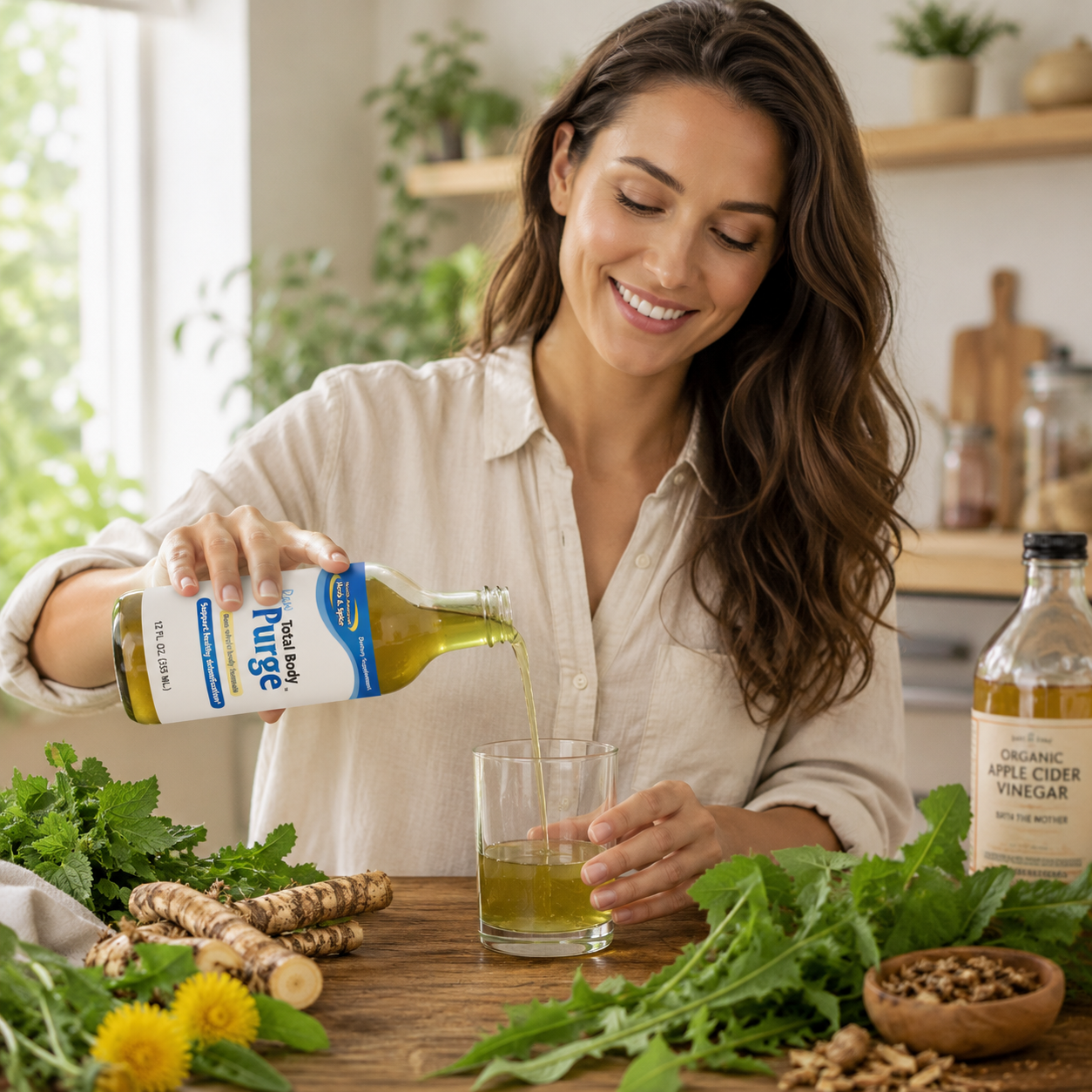 Woman pouring Total Body Purge into a glass in a bright kitchen